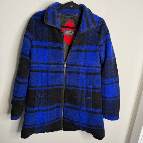 Pendleton Women's 10 Plaid Wool Blend Zip Up Winter Fall Coat Jacket Blue Black - Picture 2 of 6